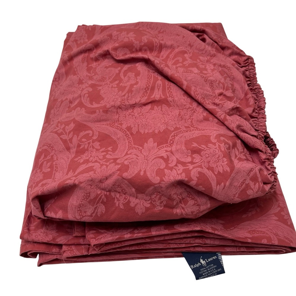 Vintage Ralph Lauren Twin Sheet Set Red Avery Coastal Damask Made In USA 84x64